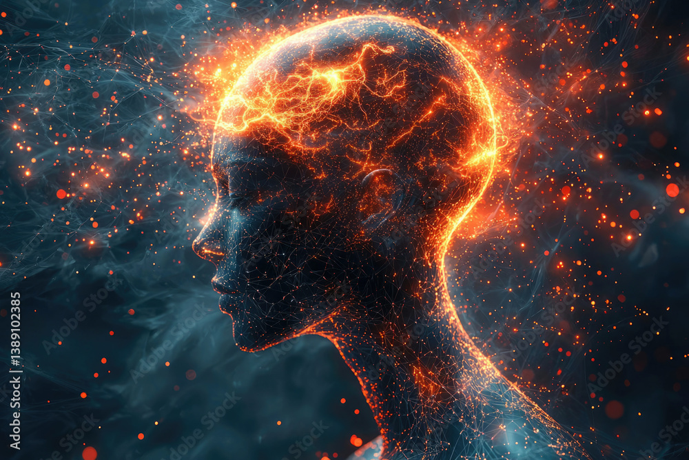 Aufkleber fiery energy flows through a digital head, creating a stunning visualization of intense mental power