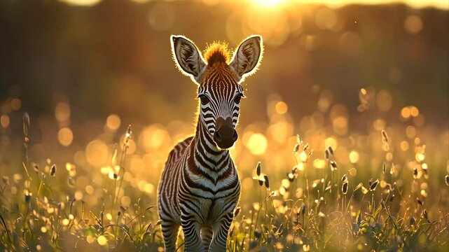 Golden hour portrait of a young zebra foal in tall grass