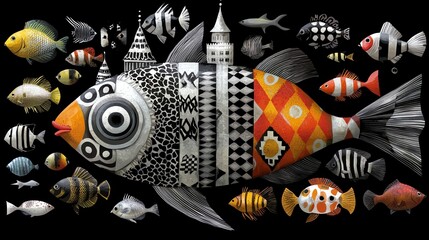 Fototapeta premium underwater castle, mixed media illustration, chaotic and expressive