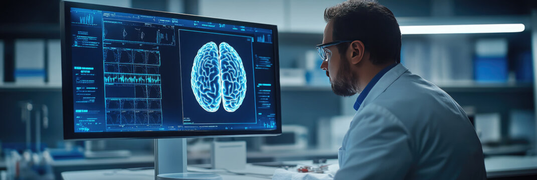 Medical researcher analyzing futuristic brain scan data on a high-tech screen,neuroscience innovation,artificial intelligence in healthcare,neurological diagnostics,brain activity visualization.banner