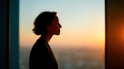 Obraz premium Businesswoman silhouette looking at sunset from office window contemplation
