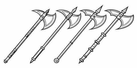Detailed Hand-Drawn Antique Ornate Medieval Halberds Line Art Collection Black and White Battle Axe Weapons Polearms Drawing Set Illustration Vintage Fantasy Style