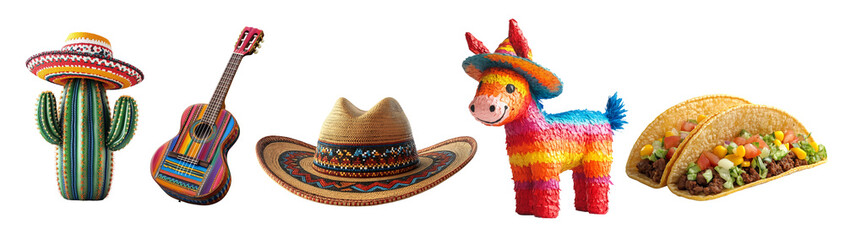 Festive decor: cactus, guitar, sombrero, piñata, tacos, isolated, created with AI