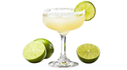 A festive margarita sits with fresh limes for a celebration, isolated, created with AI