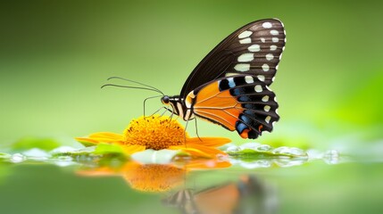 Fototapeta premium Close-Up of Colorful Butterfly Perched on Bright Yellow Flower Amidst Green Background
