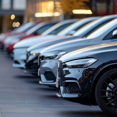 Clean lineup of parked cars outside auto showroom