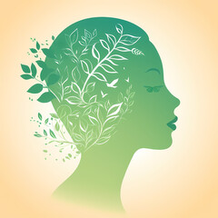 Eco Mindful Woman Silhouette with Leaf Hair - Nature, Wellness, Sustainability, Mental Health, Green Beauty, Botanical Concept