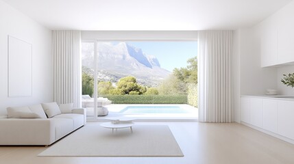 Fototapeta premium Modern minimalist living room with expansive mountain views. A bright and airy space featuring a large window, a white couch, and a minimalist coffee table, all overlooking a pool and lush landscape