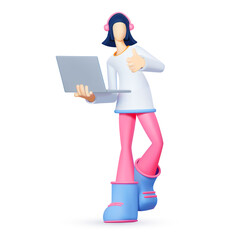3D girl with laptop showing something. Positive character. Working woman