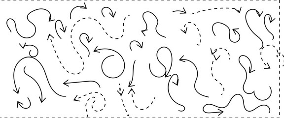 Set of black grunge hand drawn arrows isolated on white. Vector 