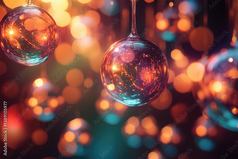 Aufkleber reflective glass ornaments hanging against a backdrop of warm, blurred bokeh lights, creating a fest