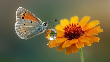 Obraz premium Delicate Butterfly Perched on Vibrant Flower with Water Drop Reflection