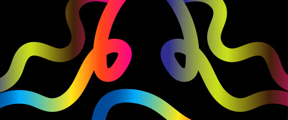 Abstract Lines with Color Gradient. Vector Squiggles Wave Shapes on a Black Background. Geometric Rainbow Ribbon.