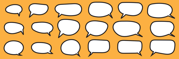 Set of speech bubbles icons white shapes with black frames vector illustration isolated on orange background. Speech bubble, speech balloon, chat bubble line art icon for apps and websites.