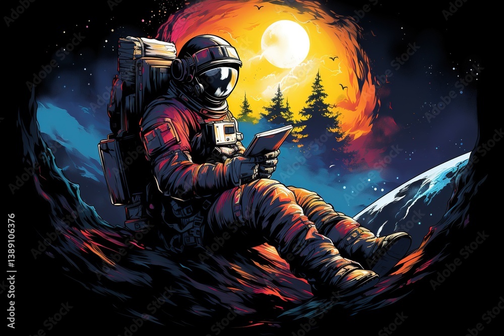 Wall mural knowledge postcard profile view astronaut in a spacesuit and helmet sits on alien planet surface rea