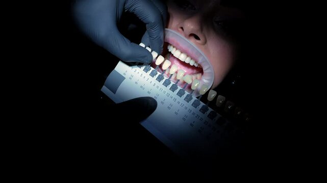 Dental professional comparing tooth enamel shade using color palette during teeth whitening procedure for patient consultation in clinical setting