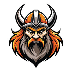 A cartoon illustration of a Viking warriors head wearing a horned helmet with a serious expression.