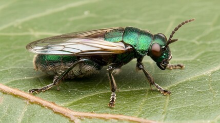 Fototapeta premium Detailed Close-Up of a Vibrant Emerald Green Insect on a Leaf Surface