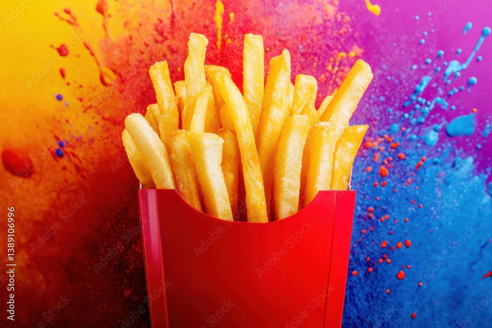 Poster Golden crispy french fries in a red fast-food container against a vibrant color splash background creating a high-energy visual impact