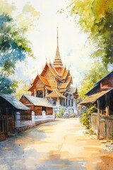 A watercolor painting of a temple and its surrounding buildings