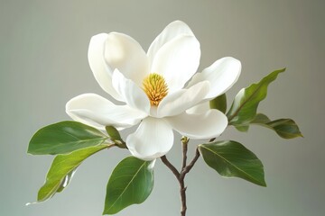 Fototapeta premium A white magnolia blossom, with its delicate petals and prominent yellow stamens, is captured in stunning high detail against a clean background, evoking the elegance of a nature study.