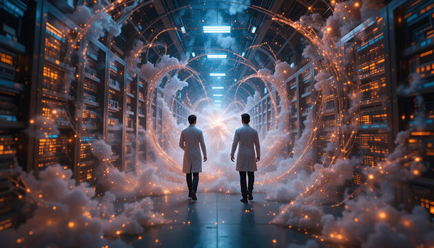 A quantum computer lab where scientists walk through swirling data storms, equations materializing as glowing particles. - Powered by Adobe