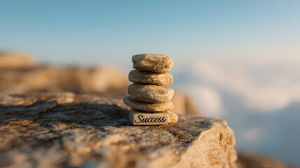 Stack of stones with success concept on mountain peak for zen meditation