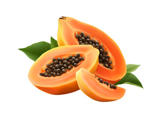 Fresh ripe papaya with slices, tropical fruit on transparent background ideal for packaging, culinary, or health concepts