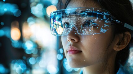 A woman wearing futuristic smart glasses with digital overlays, showcasing advanced technology and data visualization.