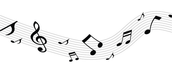 Song and music wave with notes on lines and clef. Orchestra melody notes wave pattern. Symphony vintage isolated vector backdrop or classic music concert sound monochrome background in eps 10.
