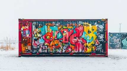 Vibrant graffiti adorns a shipping container in a snowy urban landscape during winter