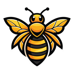 A cartoon bee with a big smile, open wings, and a black and yellow striped abdomen.