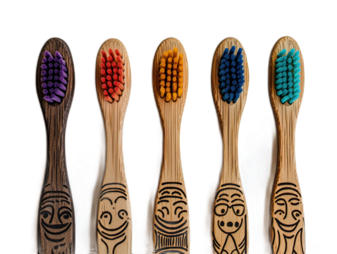 Bamboo toothbrushes with colored bristles, family set of four with engraved handles, zero waste oral care products on white background