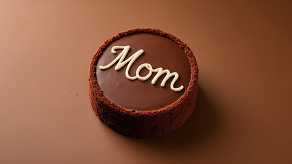 Chocolate cake with Mom inscription in elegant style in brown tones for Mother's Day. chocolate cake