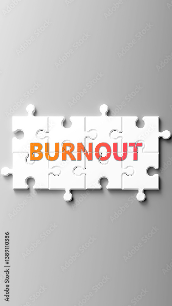 Poster burnout complex like a puzzle - pictured as word burnout on a puzzle pieces to show that burnout is 