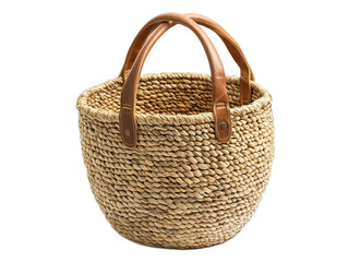 Handwoven market basket made from seagrass with leather handles, natural variations in weave pattern, shopping essential on white background