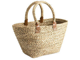 Fototapeta premium Handwoven market basket made from seagrass with leather handles, natural variations in weave pattern, shopping essential on white background