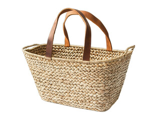 Fototapeta premium Handwoven market basket made from seagrass with leather handles, natural variations in weave pattern, shopping essential on white background