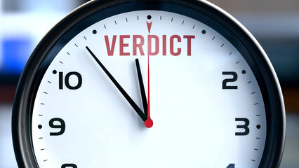 Verdict that is going to happen soon. Incoming verdict, approaching in the near future. Verdict almost here, in a short time - a clock symbolizes a reminder that verdict is near. ,3d illustration