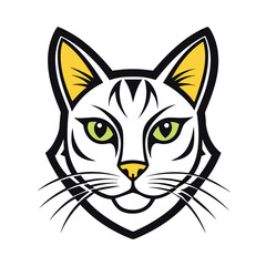 Fototapeta premium A vector illustration of a cats head with white fur, yellow stripes, green eyes, and a smile. The cats head is outlined in black and has a black shield shape around it.