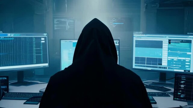 Mysterious hooded hacker silhouette working with multiple computer screens displaying code. The dark figure moves slightly while analyzing data on digital interfaces in dimly lit environment.