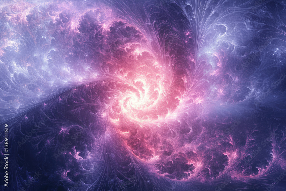 Poster a swirling fractal nebula with vibrant purple and pink hues, creating a mesmerizing cosmic pattern.