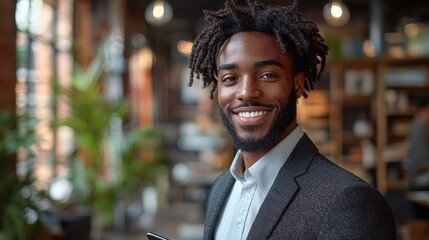 Confident and successful African American business professional in suit standing in the modern urban environment smiling and portraying a positive ambitious and leadership image