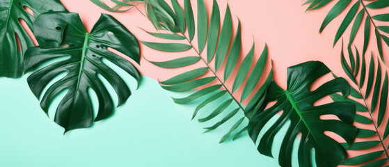 Tropical green leaves arranged on pastel pink and mint background for summer design concept