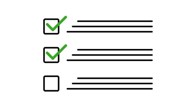 Animated checklist with green ticks appearing in boxes. To-do list animation on white and transparent background with alpha channel. Task completion concept for UI, apps, presentations, business