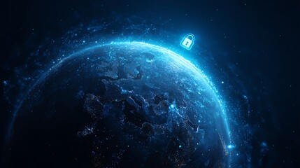 Digital lock protecting planet in cosmic space.
