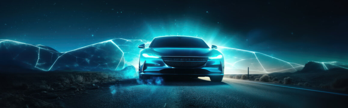 Futuristic electric car driving on road at night with glowing digital mountains and stars