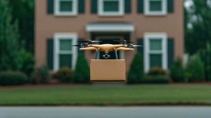 Obraz premium Drone delivery technology banner - package arrival at home urban environment aerial view for modern logistics