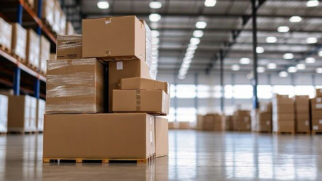 Stacked cardboard boxes in a spacious warehouse with bright overhead lighting and empty aisles