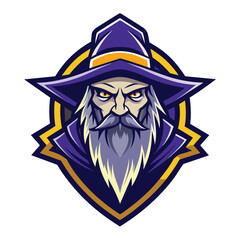 Fototapeta premium Digital illustration of a wise wizard in a purple hat, long white beard, purple robe, orange band. Serious expression against white background.